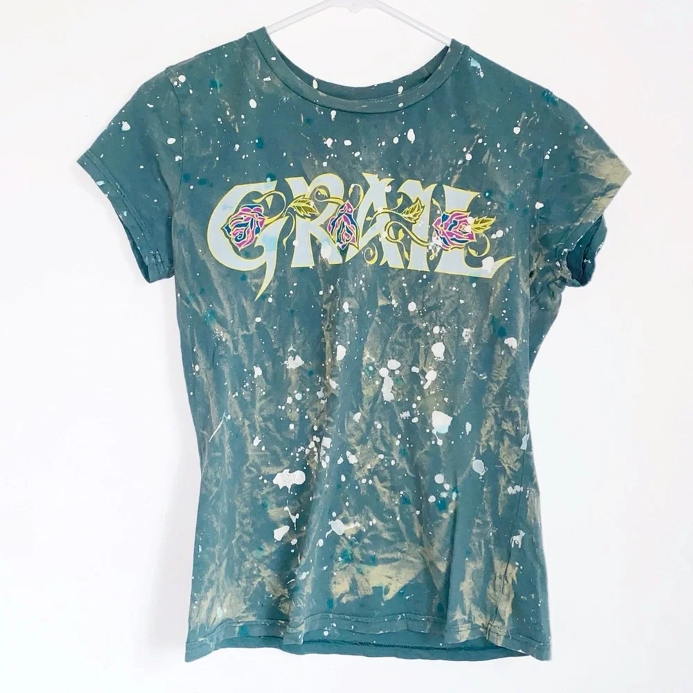 Y2K Grail Paint Splatter Rose Graphic T-shirt - Picture 1 of 8
